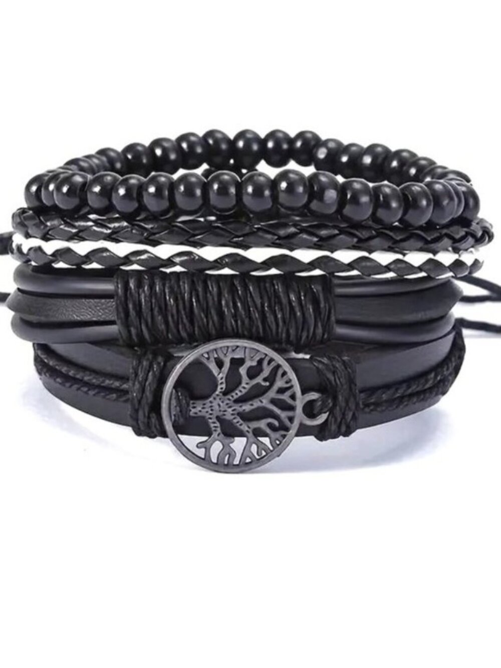 Leather Cuff Bracelet 4pc Tree of Life Black Wrist Rock Edgy Grunge Beads Trendy